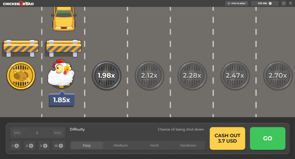 Écran de lancement de Chicken Road 2 avec montant de mise et commandes de jeu.